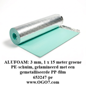Ondervloer-ALUFOAM: 3 mm, 1 x 15 meter groene PE-schuim, gelamineerd met een gemetalliseerde PP-film